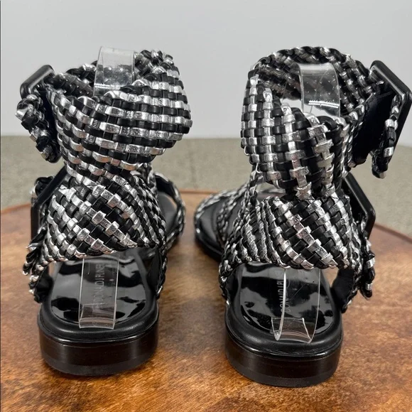 Donald J Pliner Sandals Wm 7.5 M Stylish Black Silver Braided Leather Gladiator - Picture 4 of 11
